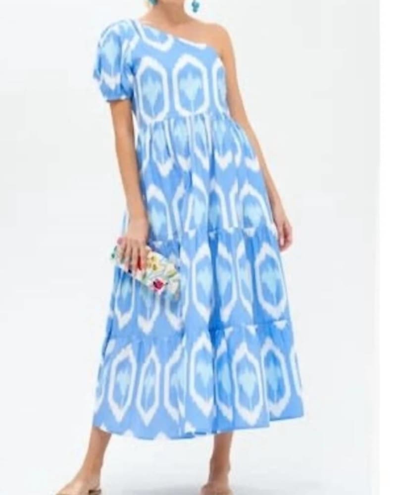 Front of a model wearing a size L One Shoulder Maxi Dress in Blue in Blue by Oliphant. | dia_product_style_image_id:342696